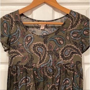 Mossimo Paisley Baby Doll Tunic | Army Green | Size S